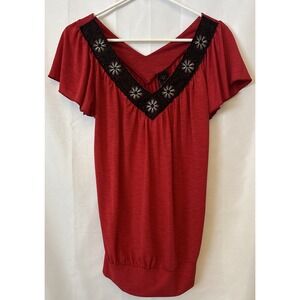 Vtg Y2K Wrapper Women's Red V Neck Blouse Black‎ Embroidered Beaded Neckline S